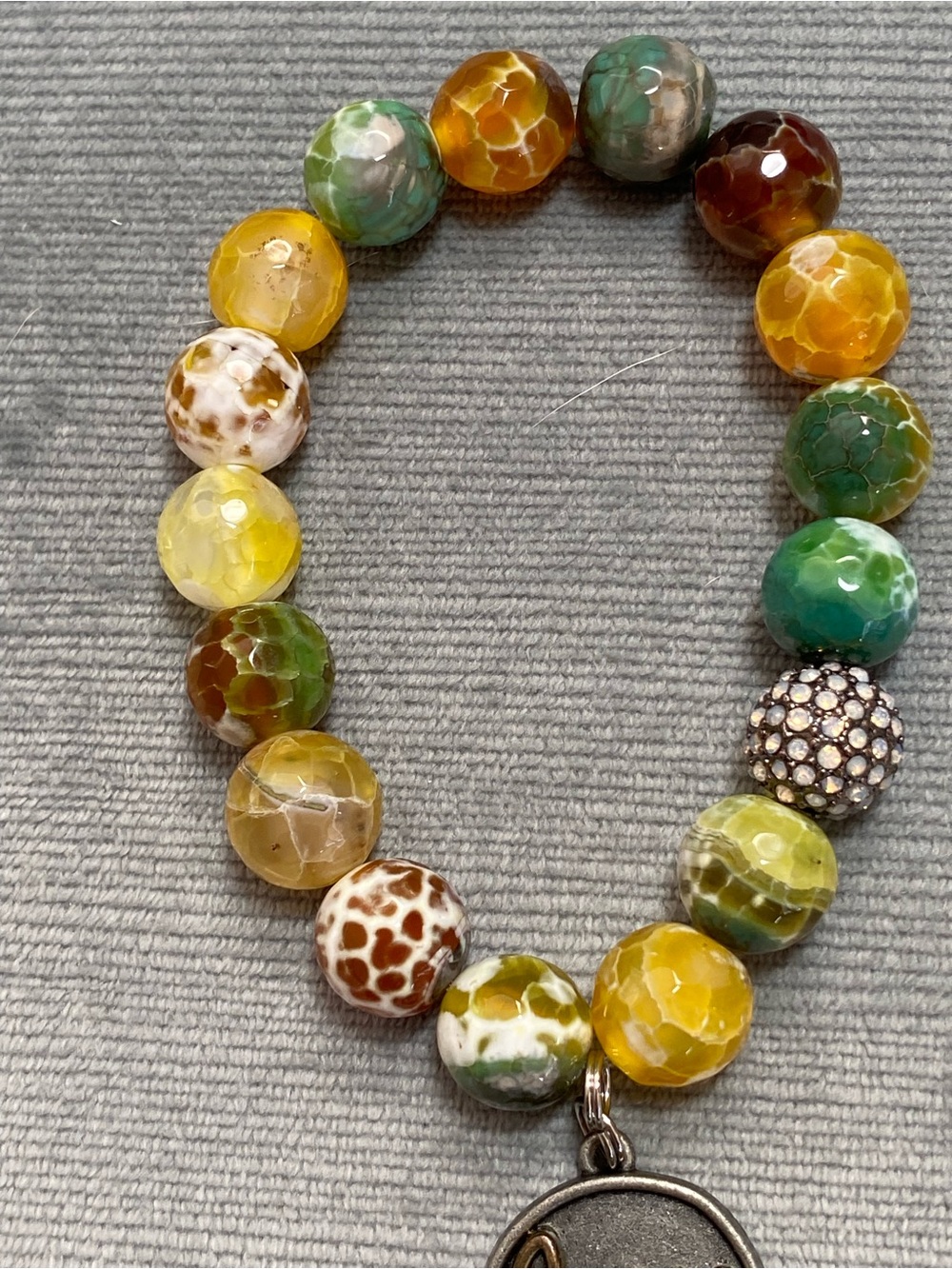 Multicolor Fire/Dragon Vein Agate Beaded Bracelet with a silver 2 side charm - Picture 3 of 17